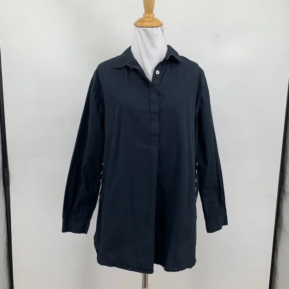 Anthropologie Shirt Women S Small Black Collared Popover Side Buttons Oversized - Picture 2 of 9